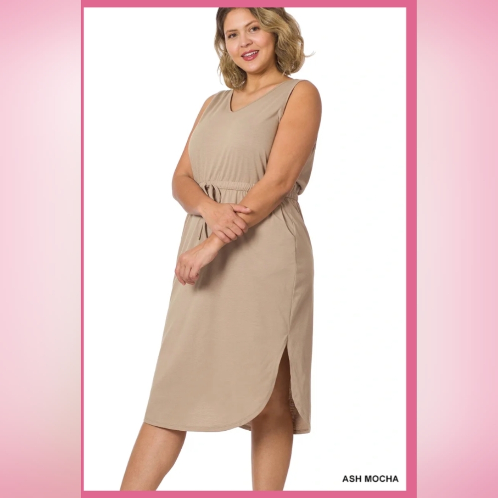 Zenana Drawstring waist curved hem dress